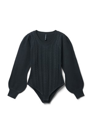 Black knitted bodysuit with long, puffed sleeves and a cable knit pattern on the front. Features a round neckline and snug fit.