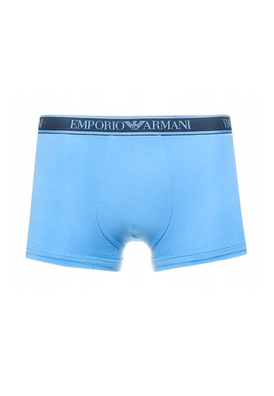 Light blue men's boxer briefs with a black elastic waistband featuring "EMPORIO ARMANI" logo. Soft fabric and fitted design.