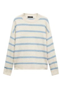 Maglione beige chiaro con strisce orizzontali blu chiaro, realizzato in morbido tessuto. Presenta un colletto a girocollo e polsini e orlo a costine.