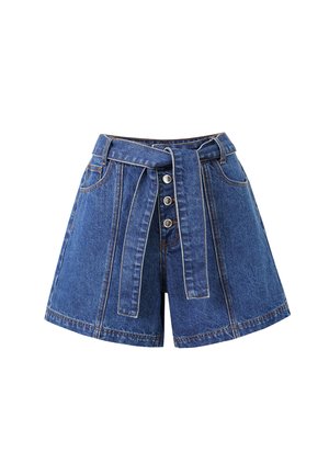 Denim shorts met een hoge taille, een strikceintuur aan de voorkant en vijf knopen. Lichtblauwe kleur met contrasterende stiksel en twee zijzakken.