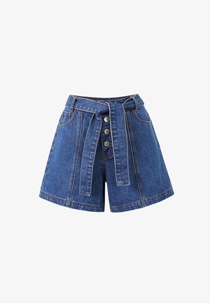 Denim shorts met een hoge taille, een strikceintuur aan de voorkant en vijf knopen. Lichtblauwe kleur met contrasterende stiksel en twee zijzakken.