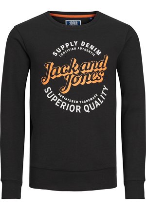 Zwarte sweatshirt van katoen, met een ronde hals, lange mouwen en een groot wit en oranje gedrukt logo aan de voorkant.