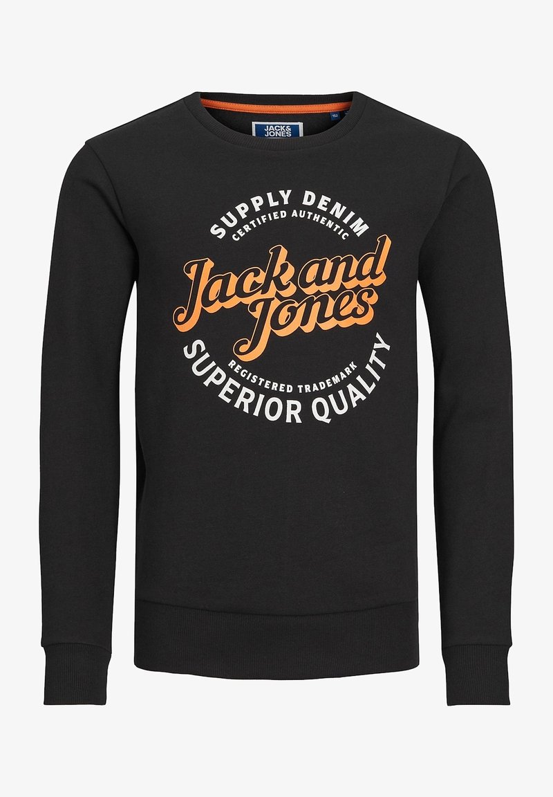 Sweatshirt noir en coton, avec un col rond, des manches longues et un grand logo imprimé blanc et orange à l'avant.