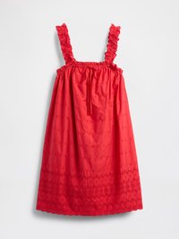 Rochie roșie fără mâneci, cu modele florale brodate, bretele volanate, un cordon la decolteu și detalii cu margini zimțate.