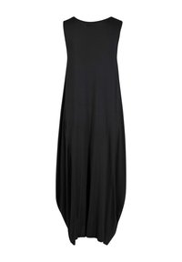 Czarna sukienka bez rękawów o luźnym kroju, wykonana z gładkiego materiału, z drapowanym sylwetką i okrągłym dekoltem.