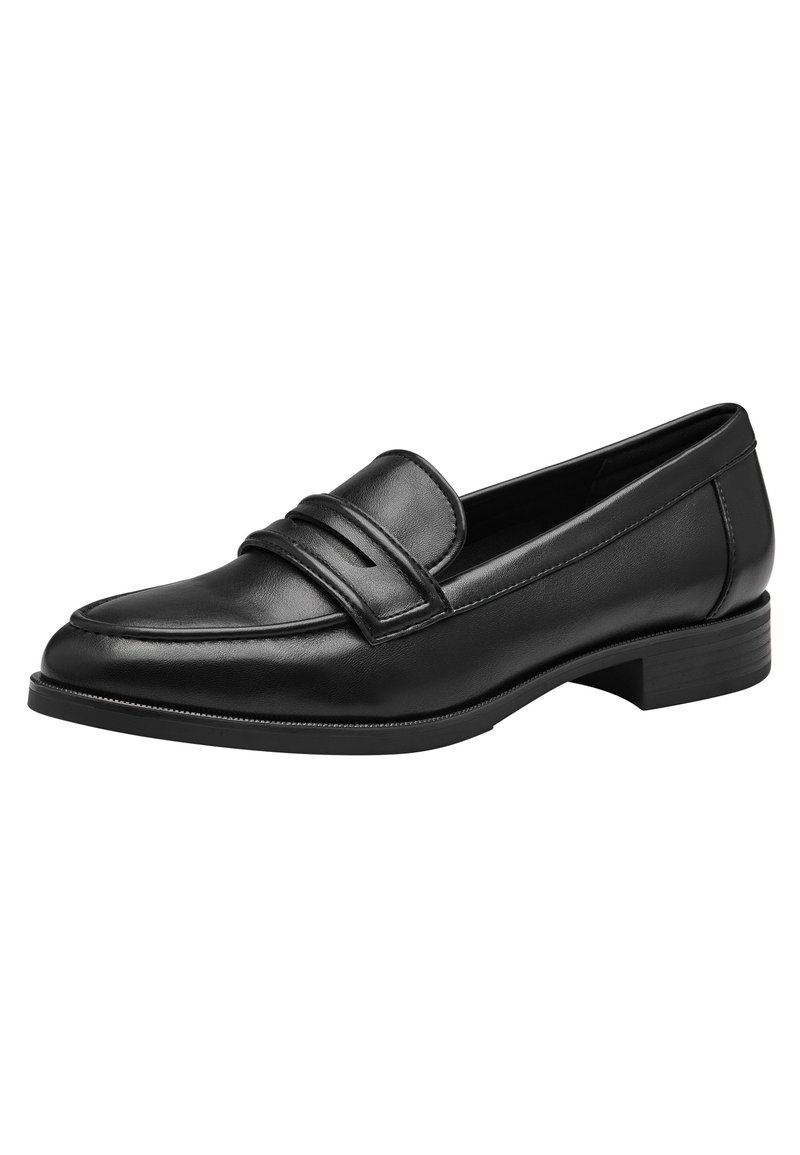 Mocassins en cuir noir avec une finition lisse, dotés d'une sangle décorative sur le dessus du pied, d'un bout rond et d'un petit talon empilé.