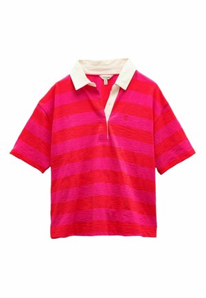 Kurzärmeliges Poloshirt mit abwechselnd dicken roten und pinkfarbenen Streifen, einem weißen Kragen und subtiler Textur. Verfügt über ein kleines Logo auf der Brust.