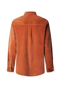 Oranje corduroy overhemd met lange mouwen, een rugplooi, afgeronde kant en knoopmanchetten. Glad oppervlak met een verticale ribpatroon.