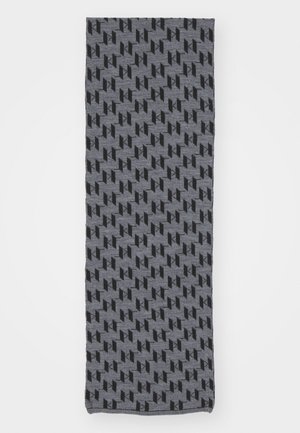 Gray scarf featuring a repeating geometric pattern in black. Made from soft fabric with a smooth texture, it has finished edges.