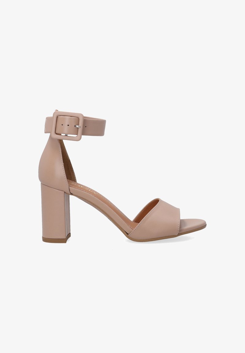 Beige high-heeled sandal with a thick block heel, open toe, and ankle strap featuring a square buckle closure. Smooth leather texture.