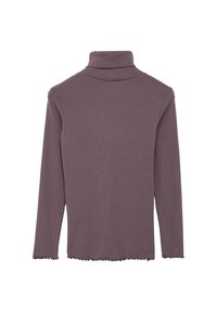 Langsleeve turtleneck top in een gedempt mauve kleur, met een geribbelde textuur, en een golvende zoom en manchetten voor extra detail.