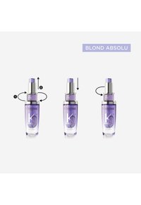Bouteille violette Kérastase Blond Absolu montrée avec des mouvements étape par étape de torsion, pression et torsion pour ouvrir et utiliser le distributeur à pompe.
