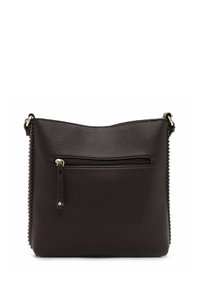 Brown leather crossbody bag with a textured surface, featuring a zippered front pocket and side stitching detail. Adjustable strap included.