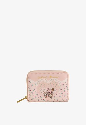 Portofel roz cu fermoar, cu un model floral mic, centru în formă de inimă cu sclipici și două personaje de desene animate în față.