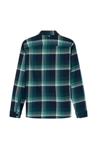 Langärmeliges kariertes Hemd mit grünem und marineblauem Karomuster, geknöpften Manschetten und klassischem Kragen. Hergestellt aus weichem, leichtem Stoff.