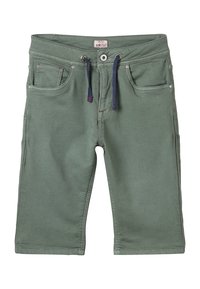 Zielone szorty z mieszanki bawełny z wiązanym paskiem w pasie, pięcioma kieszeniami i kontrastowymi przeszyciami. Długość do połowy uda, gładka tekstura.
