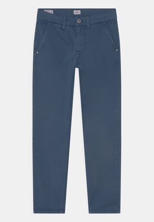 Blaue Baumwollhose mit normaler Passform, mit Vorderaschen, in einfarbiger Ausführung und minimalen Beschlägen, ausgestattet mit einem Knopfverschluss an der Taille.
