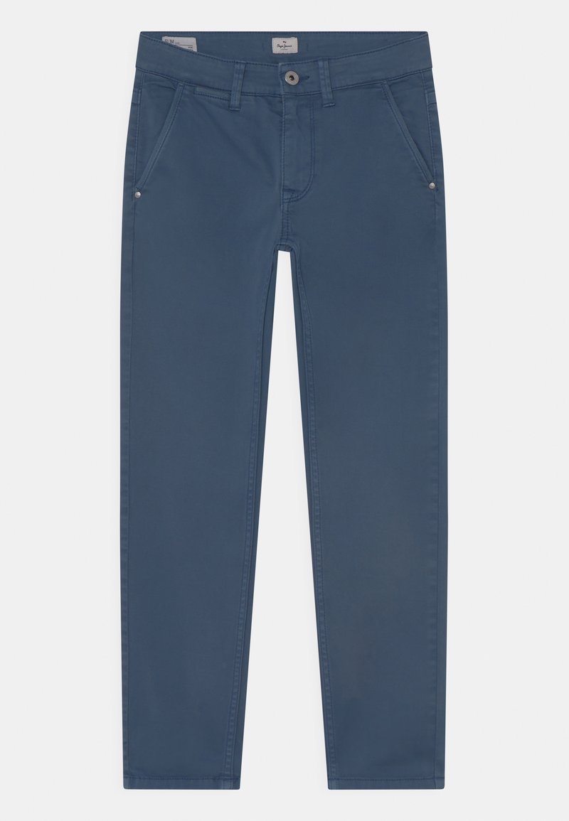 Pantalons en coton bleu avec une coupe régulière, poches avant, une couleur unie, et des détails matériels minimaux, avec une fermeture par bouton à la taille.