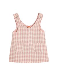 Rosa ternet babydress med brede skulderstropper, to frontlommer og trykknaplukninger. Lavet af tekstureret stof.