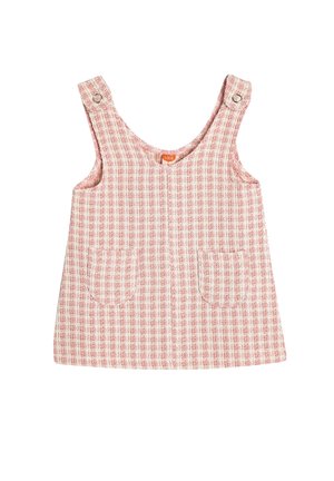 Abito per bebé a quadri rosa con spalline larghe, due tasche frontali e chiusure a scatto. Realizzato in tessuto testurizzato.