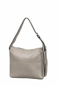 Szara skórzana torba na ramię z pojedynczym paskiem, prostokątny kształt, zamek błyskawiczny na górze oraz przednia kieszeń z detalami przeszycia.