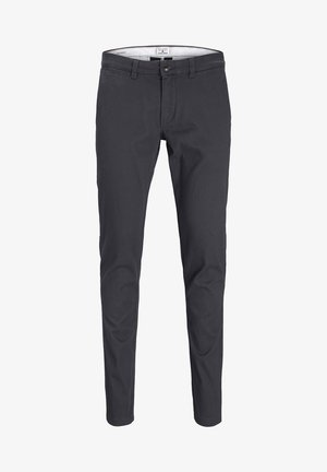 Donkergrijze, slim-fit broek van lichtgewicht stof. Voorzien van een knoopsluiting, riemlussen en een minimalistisch ontwerp zonder zichtbare patronen.