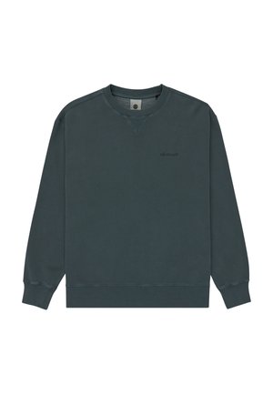 Dunkelgrüner Sweatshirt aus weichem Material, mit Rundhalsausschnitt, gerippten Bündchen und einem kleinen Logo auf der Vorderseite. Einfaches Design ohne Muster.