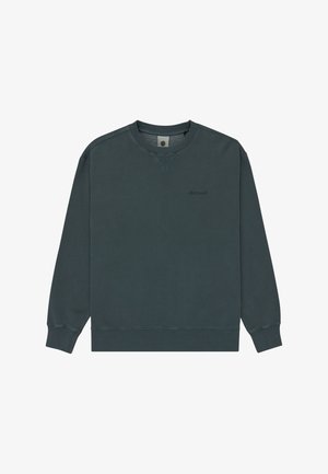 Tmavozelená mikina vyrobená z jemného materiálu, s okrúhlym výstrihom, rebrovanými manžetami a malým logom na prednej strane. Jednoduchý dizajn bez vzorov.