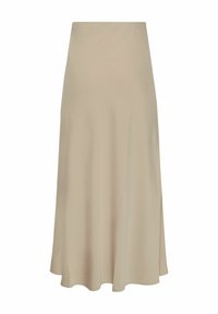Beige midi-nederdel med en glat tekstur, vidde form, sideslidsdetalje og en tætsiddende talje. Lavet af letvægtsstof.