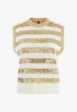 Gilet sans manches en tricot côtelé avec des rayures horizontales beige et blanches et des sequins dorés, présentant des boutons dorés sur les bretelles.