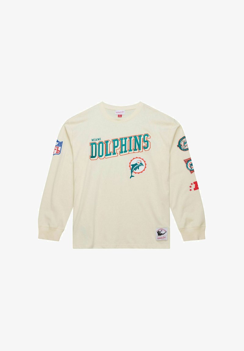 Langärmliges cremefarbenes Hemd mit "Miami Dolphins"-Schriftzug, Delfin-Grafik, NFL-Patch auf dem linken Ärmel und verschiedenen Logo-Akzenten auf dem rechten Ärmel.