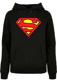 Svart hettegenser med en stor rød og gul Superman-logo foran. Har en frontlomme og snor til hetten. Myk tekstur.