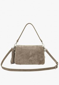 Borsa a tracolla in pelle scamosciata color talpa con forma piatta, tracolla regolabile e nappina decorativa. Presenta cuciture sottili e dettagli in metallo.