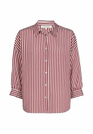 Rood-wit verticaal gestreept overhemd met knopen, een kraag, lange losse mouwen en manchetten met één knoop. Glad stoffen oppervlak.