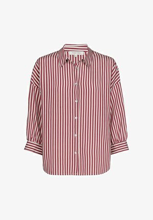 Rood-wit verticaal gestreept overhemd met knopen, een kraag, lange losse mouwen en manchetten met één knoop. Glad stoffen oppervlak.