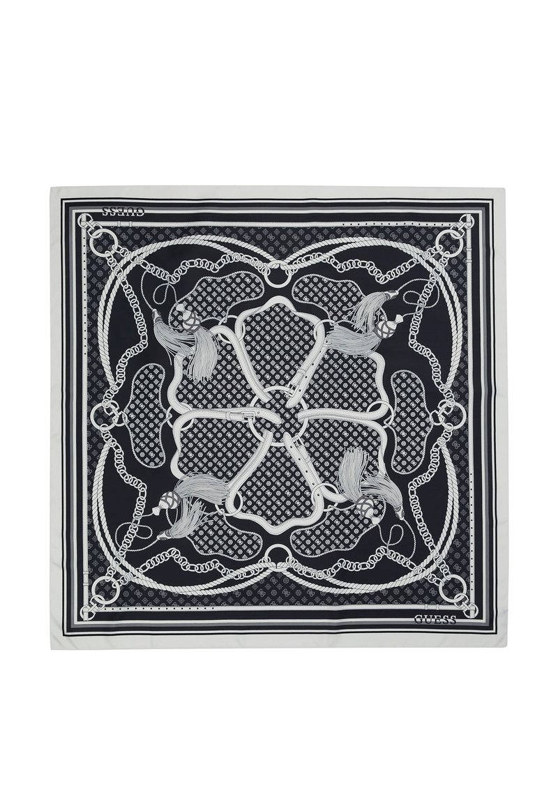 Foulard en soie présentant un fond bleu marine avec des motifs complexes de chaînes et de franges blanches, bordé d'un cadre blanc contrastant.
