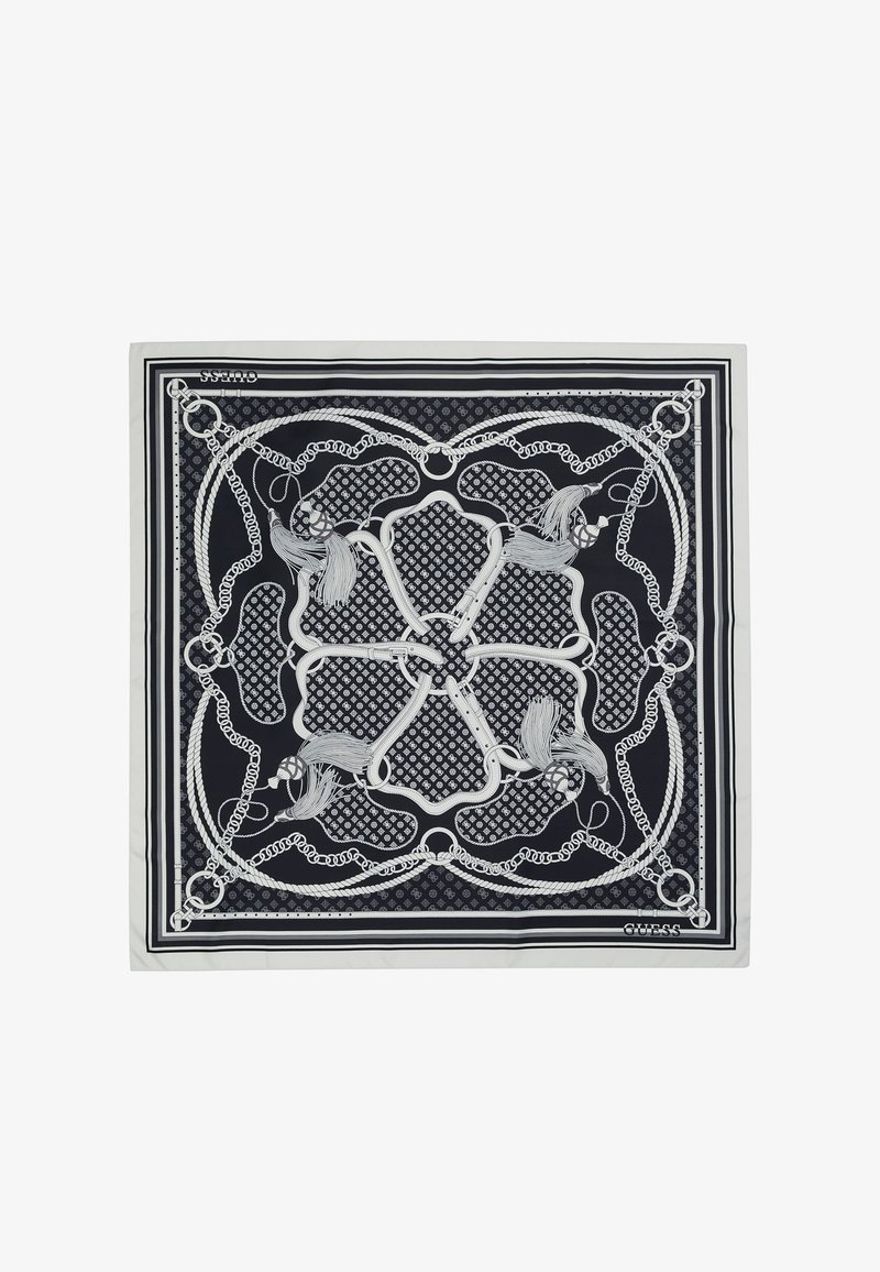 Foulard en soie présentant un fond bleu marine avec des motifs complexes de chaînes et de franges blanches, bordé d'un cadre blanc contrastant.