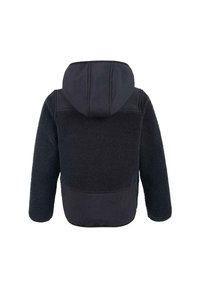 Black hooded jacket with a textured fleece body and smooth fabric accents. Features a relaxed fit and a lower back pocket.