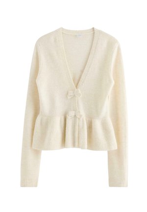 Cremefarbener Cardigan aus weichem Stoff, mit tiefem V-Ausschnitt, zwei Schleifen an der Taille und einem gerippten Peplum-Saum. Lange Ärmel inklusive.