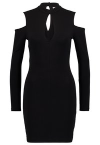 Robe noire à manches longues avec un col haut et un détail découpé au niveau de la poitrine, fabriquée en matière extensible, avec une silhouette ajustée.