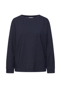 Granatowy długi rękaw z teksturowanym wzorem kropek. Okrągły dekolt i dopasowane mankiety, wykonany z miękkiego, lekkiego materiału.