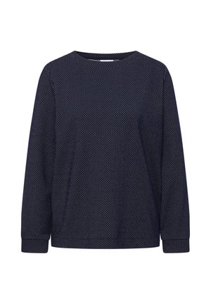 Haut à manches longues bleu marine avec un motif à points texturés. Encolure ronde et poignets ajustés, fabriqué dans un tissu doux et léger.
