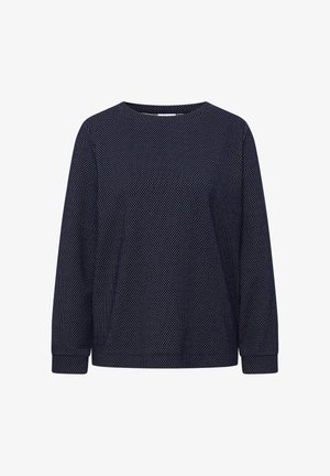 Haut à manches longues bleu marine avec un motif à points texturés. Encolure ronde et poignets ajustés, fabriqué dans un tissu doux et léger.