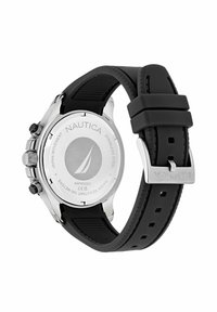 Orologio cronografo in acciaio inossidabile con un cinturino in silicone nero. Presenta una cassa argentata lucida e un logo inciso sul retro.