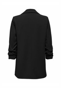 Blazer noir à manches longues avec manches froncées et col cranté, vu de dos sur fond blanc.
