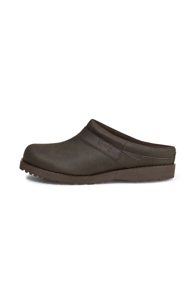Dark brown clog with a smooth, matte finish. Features a rounded toe, low heel, and a textured rubber sole for grip. Minimal stitching details.