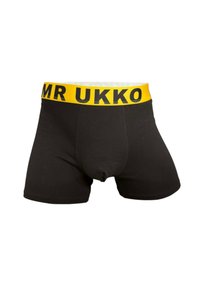 Svart boxer kalsonger med en gul midjeband där "MR UKKO" är tryckt i svart. Tillverkade av ett mjukt, stretchbart tyg.