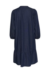 Džínové šaty s dlhými nafúknutými rukávmi, okrúhlym výstrihom a rozšíreným lemom. Majú solidnú tmavomodrú farbu a hladkú textúru.