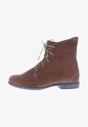 Brown leather ankle boot with a rounded toe, lace-up front, and a low heel. Subtle stitching details and a smooth texture.