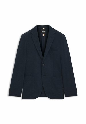 Blazer blu navy con motivo spina di pesce testurizzato, chiusura con un solo bottone, rever a lancia e due tasche frontali. Interno foderato.